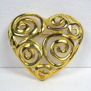 Heart Goldtone Brooch Pin Women Love Swirls Spirals Filigree Modern